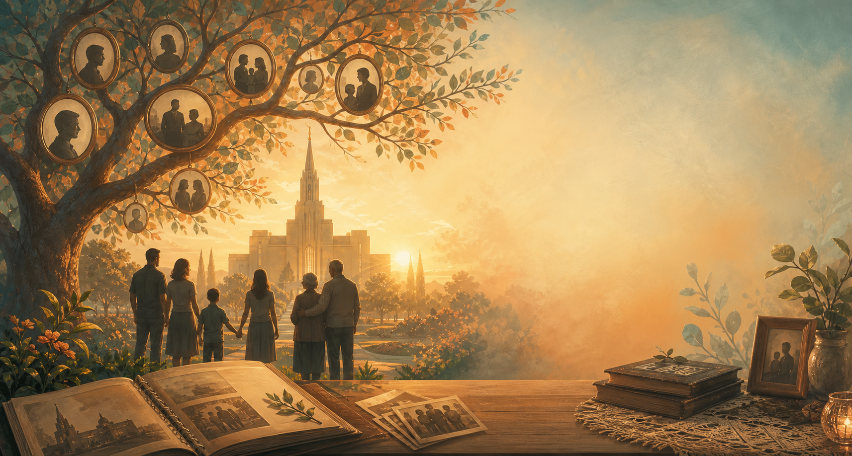 Temple, family tree, family photos, and family group scene